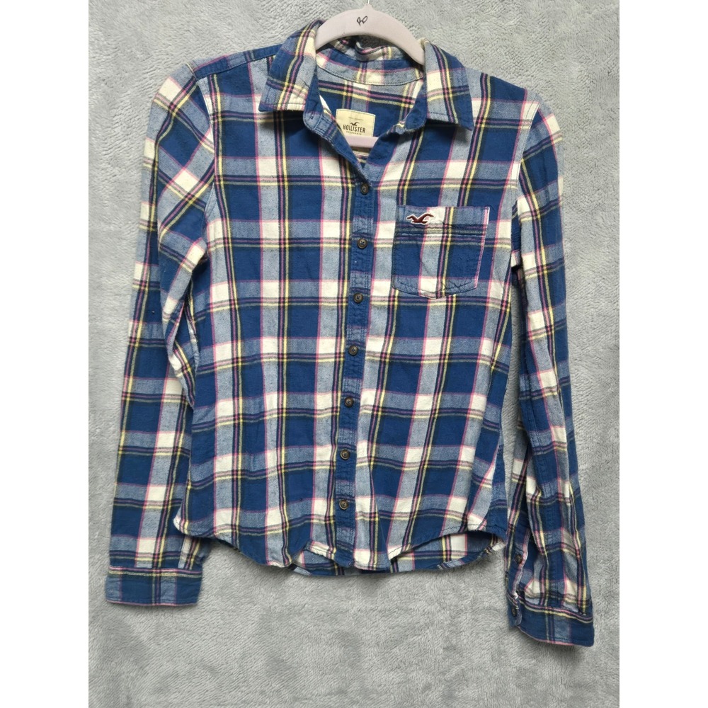 Hollister California Womens Blue Pink Plaid Cotton Flannel Button Down Shirt M